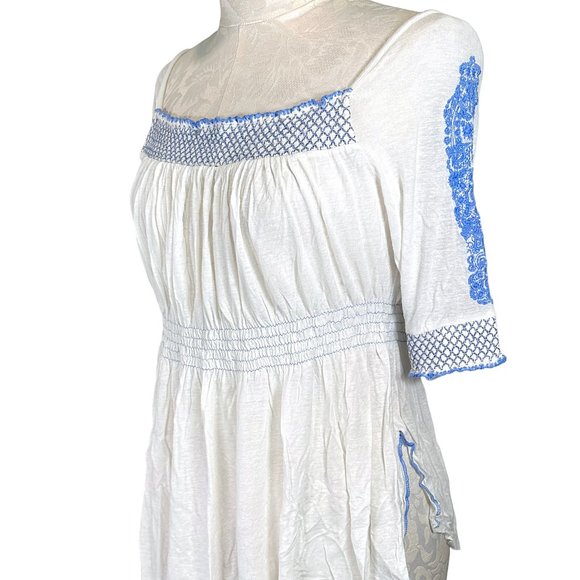 Free People Embroidered Elastic Ruched Peasant Top Blue/White Women's Medium - Picture 9 of 14